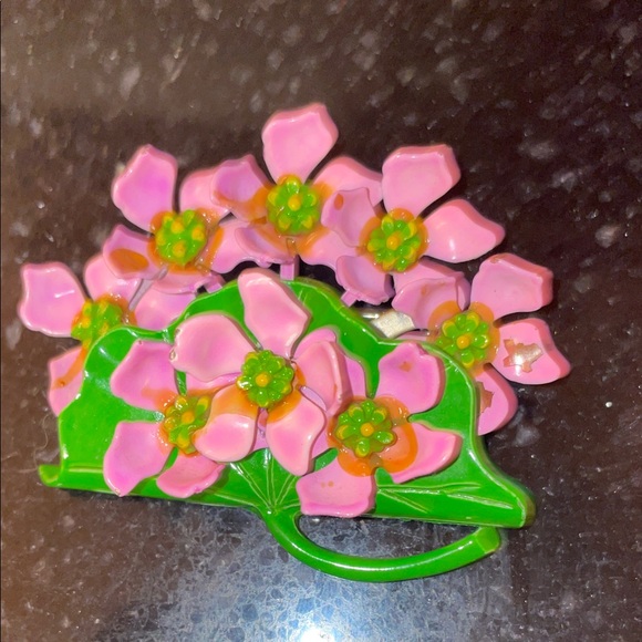 Accessories - Floral Pink and Green Hippy Mod 1960’s enamel painted broch